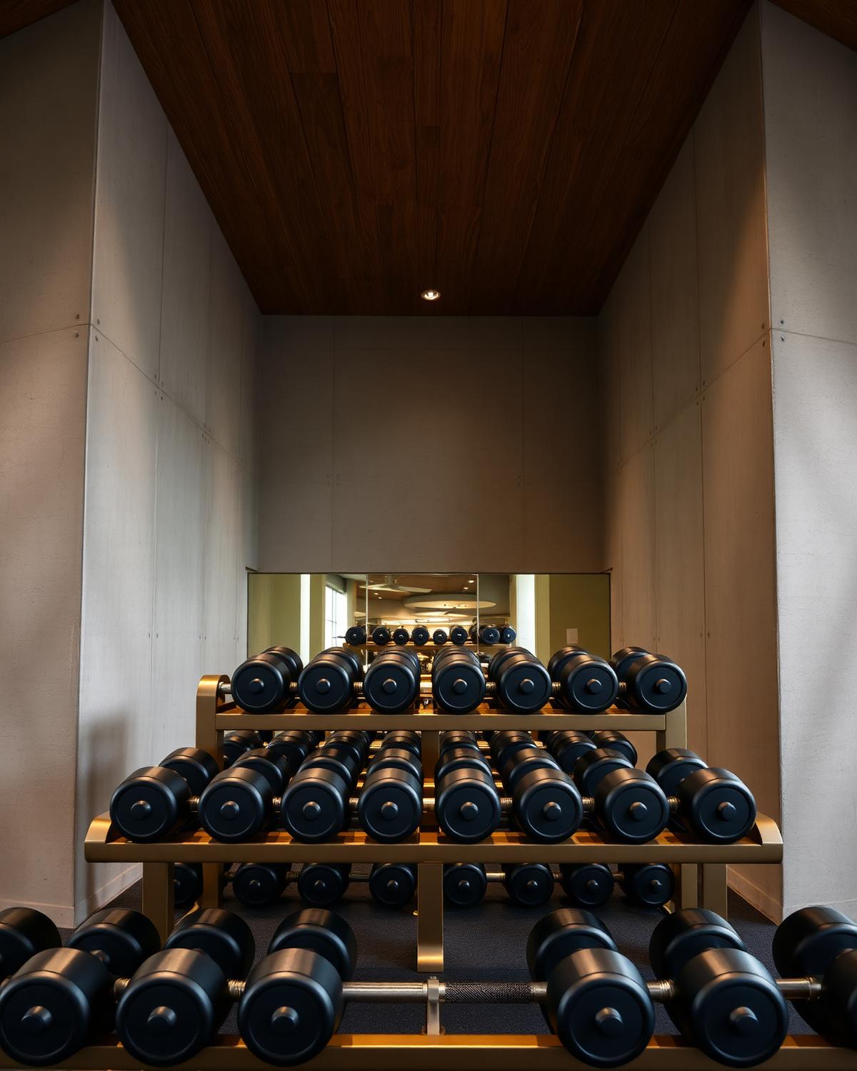 Premium matte black dumbbell rack under warm architectural lighting